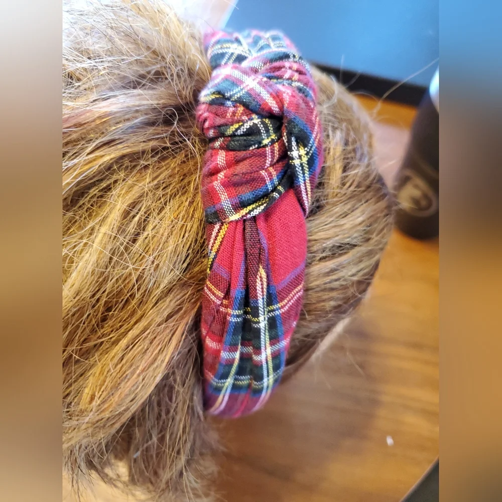 Plaid Knotted Headband - Red Tartan Fabric Fashion Hair Accessory